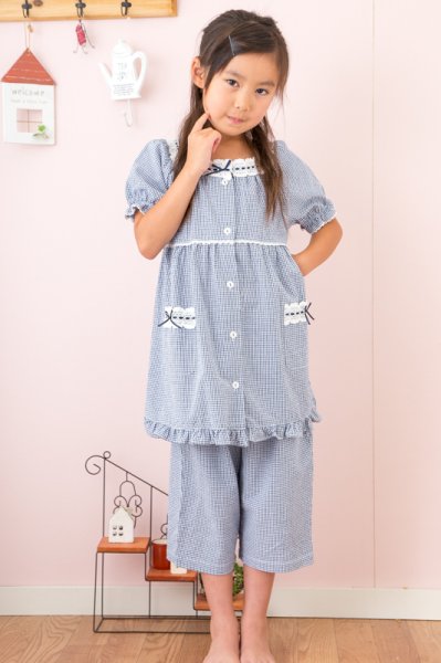 画像3: 人気!子供パジャマ130cm/140cm/150cm/160cm キッズ女児用　肌に優しいさらっとした綿100％　リップル加工地ギンガムチェック柄前開きパジャマ【女子用・子供用】  (3)