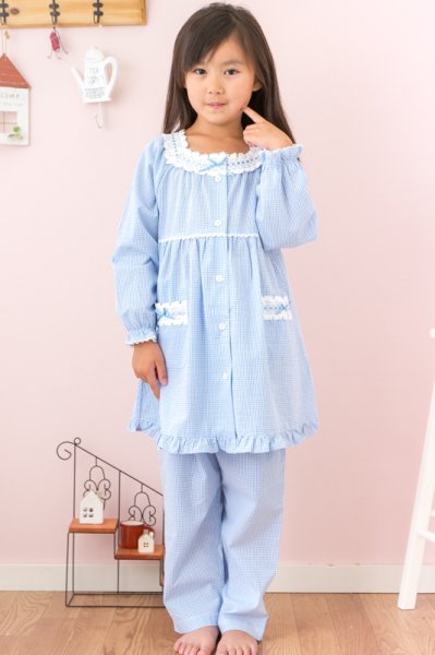画像3: 人気子供パジャマ130〜160cmキッズ女児用　綿100％さらっとした肌触りリップル加工地ギンガムチェック柄前開きパジャマ【長袖・長パンツ】【女児用・子供用】 (3)
