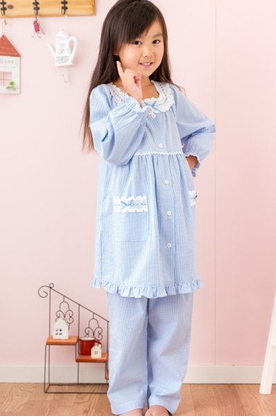 画像7: 人気子供パジャマ130〜160cmキッズ女児用　綿100％さらっとした肌触りリップル加工地ギンガムチェック柄前開きパジャマ【長袖・長パンツ】【女児用・子供用】 (7)