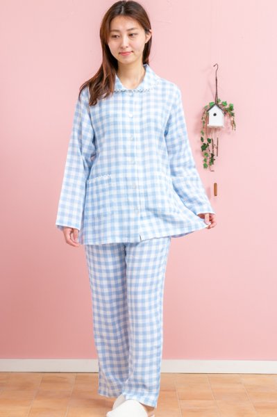 画像2: パジャマ レディース 春夏　肌にやさしい綿100％楊柳ガーゼチェック　長袖・長パンツ　ナイトウェア　ルームウェア　母の日　入院準備 (2)