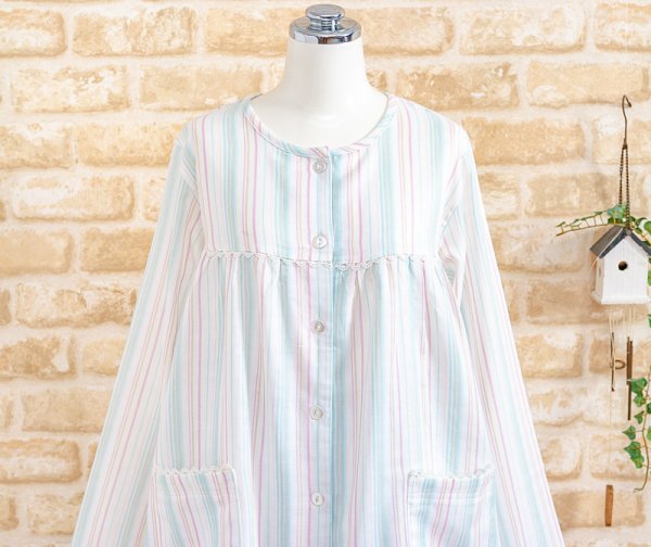 画像6: 柔らかく肌ざわりの良いダブルガーゼ肌にやさしい綿100％ パジャマ レディース ランダムストライプ 長袖 前開き　入院準備　ルームウェア　春・初秋向き商品母の日【Sサイズ】【LLサイズ】あり (6)