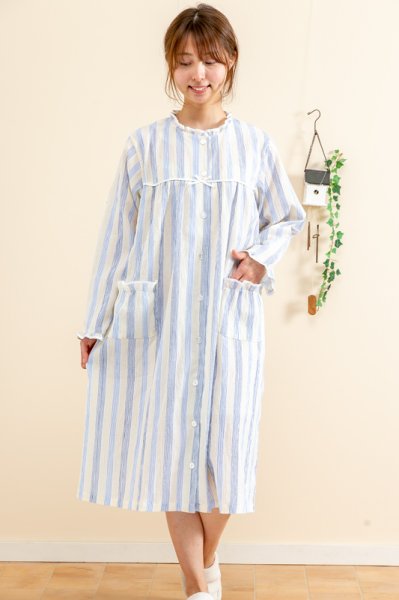 画像3: ワンピース  レディース 長袖 前開き サラッとして涼しく肌にやさしい綿100％楊柳ストライプ　盛夏向き ナイトウェア　ルームウェア　ネグリジェ　パジャマ　入院準備　マタニティパジャマに最適 (3)