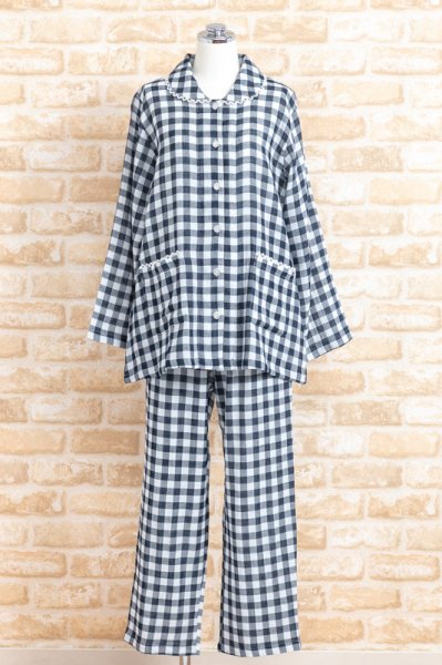 画像6: パジャマ レディース 春夏　肌にやさしい綿100％楊柳ガーゼチェック　長袖・長パンツ　ナイトウェア　ルームウェア　母の日　入院準備 (6)