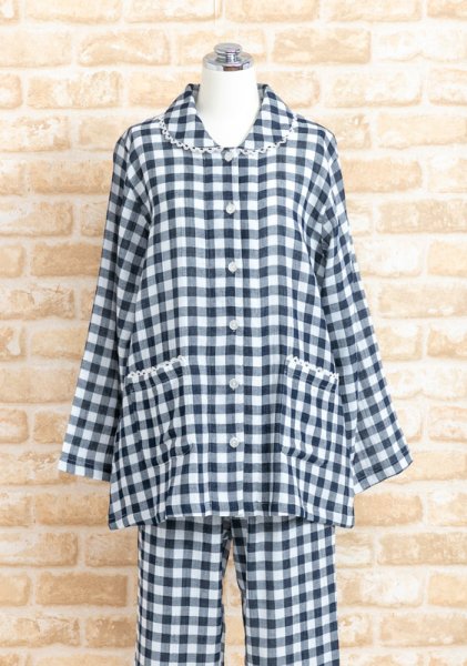画像5: パジャマ レディース 春夏　肌にやさしい綿100％楊柳ガーゼチェック　長袖・長パンツ　ナイトウェア　ルームウェア　母の日　入院準備 (5)