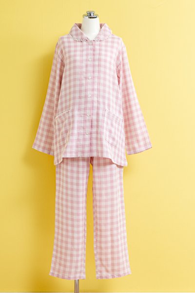 画像8: パジャマ レディース 春夏　肌にやさしい綿100％楊柳ガーゼチェック　長袖・長パンツ　ナイトウェア　ルームウェア　母の日　入院準備 (8)