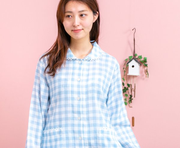 画像3: パジャマ レディース 春夏　肌にやさしい綿100％楊柳ガーゼチェック　長袖・長パンツ　ナイトウェア　ルームウェア　母の日　入院準備 (3)