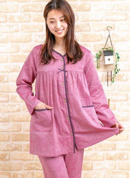 画像2: 肌にやさしい綿100％ダブルガーゼ地 パジャマ レディース 長袖 前開き S/M/L/LL/3L/4L 入院準備   春初秋向き　ナイトウェア　ルームウェア (2)