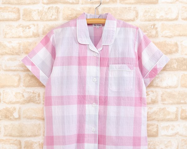 画像9: ペアパジャマ 綿１００％ 先染めシワ加工カラーチェック柄 前開き【半袖・長パンツ】【夏向き商品】 (9)