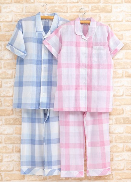 画像2: ペアパジャマ 綿１００％ 先染めシワ加工カラーチェック柄 前開き【半袖・長パンツ】【夏向き商品】 (2)