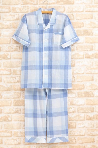 画像4: ペアパジャマ 綿１００％ 先染めシワ加工カラーチェック柄 前開き【半袖・長パンツ】【夏向き商品】 (4)