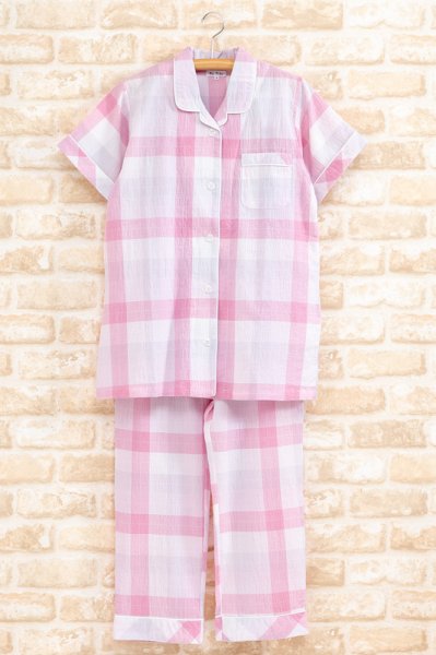 画像5: ペアパジャマ 綿１００％ 先染めシワ加工カラーチェック柄 前開き【半袖・長パンツ】【夏向き商品】 (5)