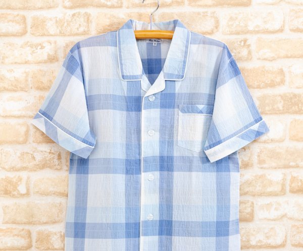 画像8: ペアパジャマ 綿１００％ 先染めシワ加工カラーチェック柄 前開き【半袖・長パンツ】【夏向き商品】 (8)