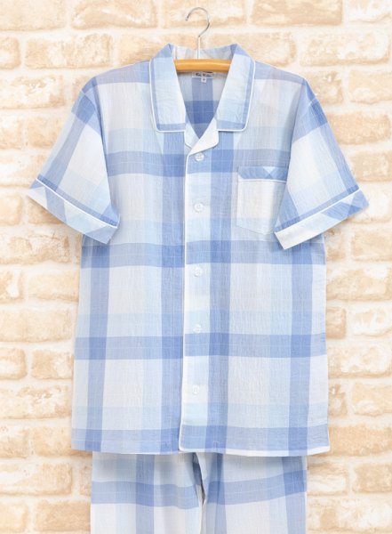 画像6: ペアパジャマ 綿１００％ 先染めシワ加工カラーチェック柄 前開き【半袖・長パンツ】【夏向き商品】 (6)