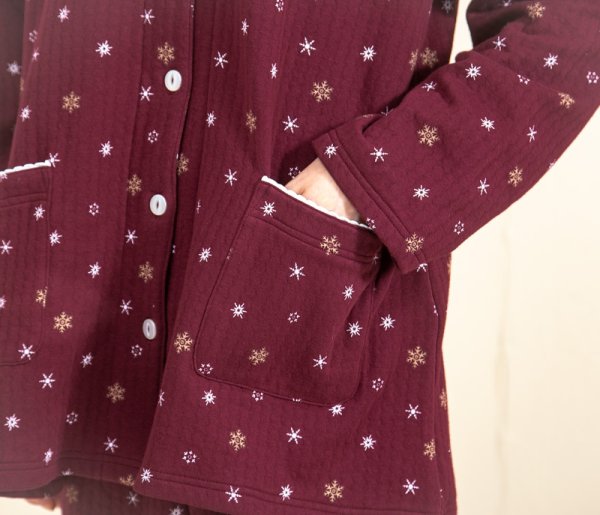画像14: 肌にやさしい綿100％中わたニットキルト地結晶柄　前開きパジャマ レディース 長袖 ナイトウェア　ルームウェア　冬向き商品　S/M/L/LL/3L 入院準備　クリスマスギフト (14)