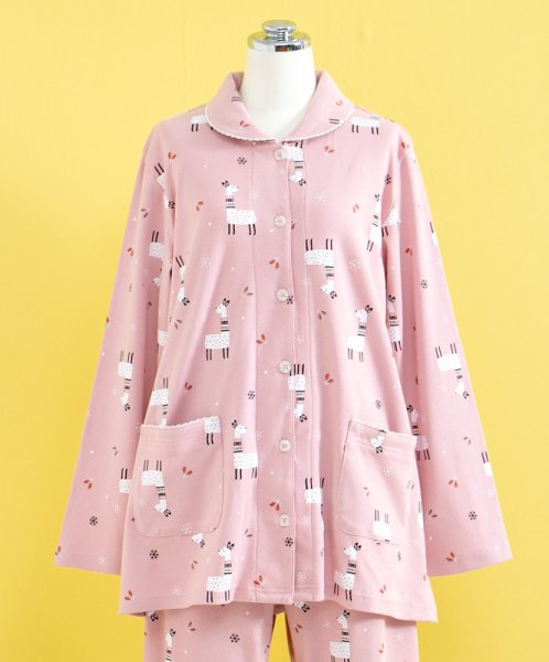 画像6: 肌にやさしい綿100％滑らかな肌触りのスムースニット地　アルパカ柄　前開き長袖パジャマ レディース　春秋向き　ナイトウェア　ルームウェア【Sサイズ】【LLサイズ】あり　おうち (6)