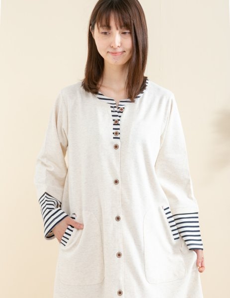 画像7: 綿100％やや厚めなニット地ボーダー切り替え　長袖 前開き ワンピース レディース【春・秋向き商品】 (7)