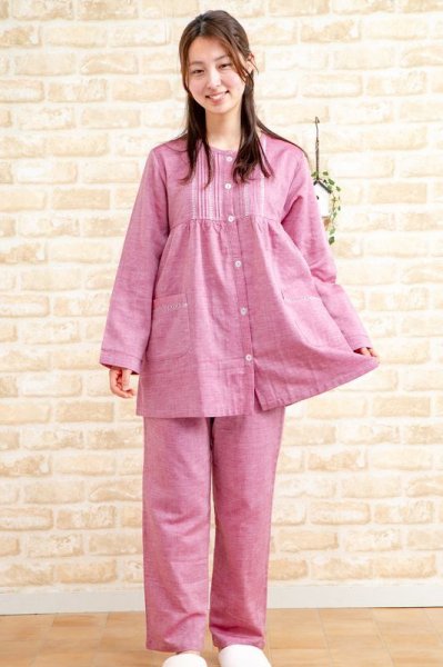 画像9: 肌にやさしい綿100％ダブルガーゼ地 パジャマ レディース 長袖 前開き S/M/L/LL/3L/4L 入院準備   春初秋向き　ナイトウェア　ルームウェア (9)