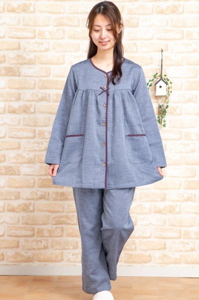 画像9: 肌にやさしい綿100％ダブルガーゼ地 パジャマ レディース 長袖 前開き S/M/L/LL/3L/4L 入院準備   春初秋向き　ナイトウェア　ルームウェア (9)