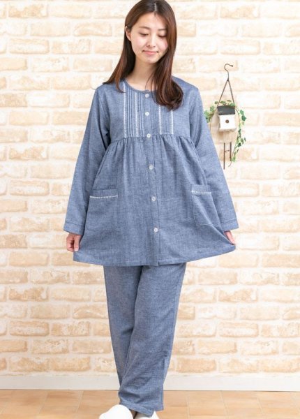 画像7: 肌にやさしい綿100％ダブルガーゼ地 パジャマ レディース 長袖 前開き S/M/L/LL/3L/4L 入院準備   春初秋向き　ナイトウェア　ルームウェア (7)