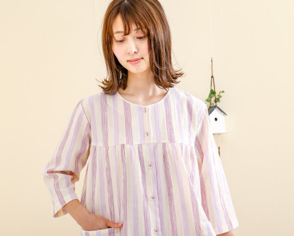 画像7: パジャマ レディース 夏 　肌にやさしい綿100％　前開き7分袖8分パンツ　薄い楊柳ストライプ生地　初夏・盛夏向き　ルームウェア　S/M/L/LL/3L/4L/5L (7)