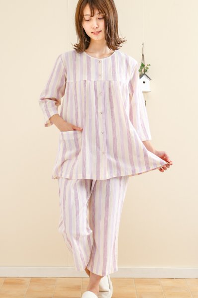 画像5: パジャマ レディース 夏 　肌にやさしい綿100％　前開き7分袖8分パンツ　薄い楊柳ストライプ生地　初夏・盛夏向き　ルームウェア　S/M/L/LL/3L/4L/5L (5)