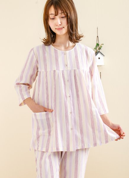 画像3: パジャマ レディース 夏 　肌にやさしい綿100％　前開き7分袖8分パンツ　薄い楊柳ストライプ生地　初夏・盛夏向き　ルームウェア　S/M/L/LL/3L/4L/5L (3)