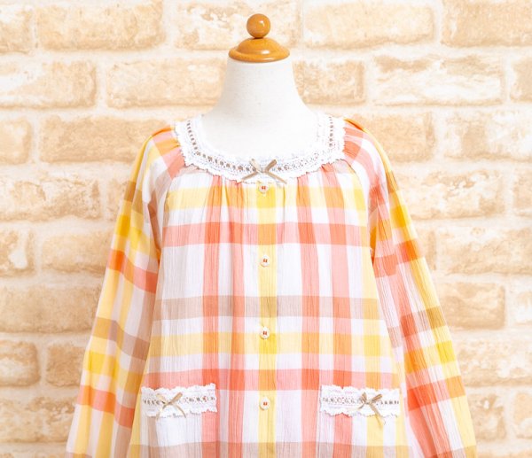 画像12: キッズパジャマ 女児 長袖 前開き 綿100％％肌にやさしく軽くて涼しい楊柳チェック　130cm 140cm 150cm 160cm お泊り学習 林間学校 (12)