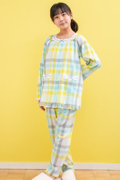 画像3: キッズパジャマ 女児 長袖 前開き 綿100％％肌にやさしく軽くて涼しい楊柳チェック　130cm 140cm 150cm 160cm お泊り学習 林間学校 (3)