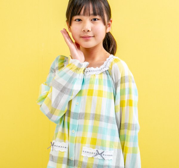 画像5: キッズパジャマ 女児 長袖 前開き 綿100％％肌にやさしく軽くて涼しい楊柳チェック　130cm 140cm 150cm 160cm お泊り学習 林間学校 (5)