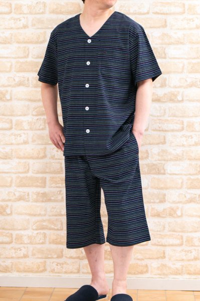 画像2: パジャマ メンズ 夏 半袖 ハーフパンツ 前開き 綿100％肌に優しくサラッとして涼しい先染め楊柳ボーダー　紳士ナイトウェア　ルームウェア　部屋着　【Sサイズ】【LLサイズ】【3Lサイズ】【4Lサイズ】入院準備 (2)