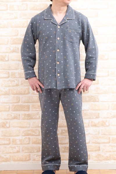 画像4: パジャマ メンズ 冬 長袖 前開き 表裏地綿100% 中わたニットキルト地 結晶柄 【Sサイズ】【LLサイズ】【3Lサイズ】ナイトウェア ルームウェア 部屋着 クリスマスギフト (4)