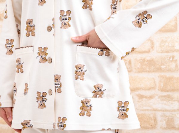 画像4: 肌にやさしい綿100％滑らかな肌触りのスムースニット地 クマ柄 前開き長袖パジャマ レディース 春秋向き ナイトウェア ルームウェア　S/M/L/LL/3L (4)