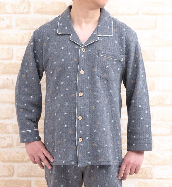 画像2: パジャマ メンズ 冬 長袖 前開き 表裏地綿100% 中わたニットキルト地 結晶柄 【Sサイズ】【LLサイズ】【3Lサイズ】ナイトウェア ルームウェア 部屋着 クリスマスギフト (2)