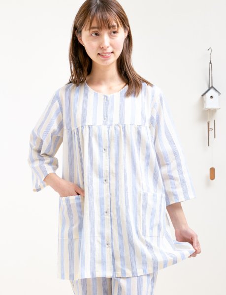 画像2: パジャマ レディース 夏 　肌にやさしい綿100％　前開き7分袖8分パンツ　薄い楊柳ストライプ生地　初夏・盛夏向き　ルームウェア　S/M/L/LL/3L/4L/5L (2)