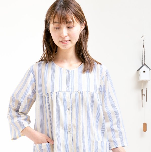 画像6: パジャマ レディース 夏 　肌にやさしい綿100％　前開き7分袖8分パンツ　薄い楊柳ストライプ生地　初夏・盛夏向き　ルームウェア　S/M/L/LL/3L/4L/5L (6)