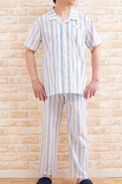 画像2: パジャマ メンズ 半袖 前開き 夏 肌に優しい綿100%サラサラして涼しい楊柳加工生地 ナイトウェア ルームウェア【Sサイズ】【LLサイズ】【3Lサイズ】入院準備 父の日 (2)