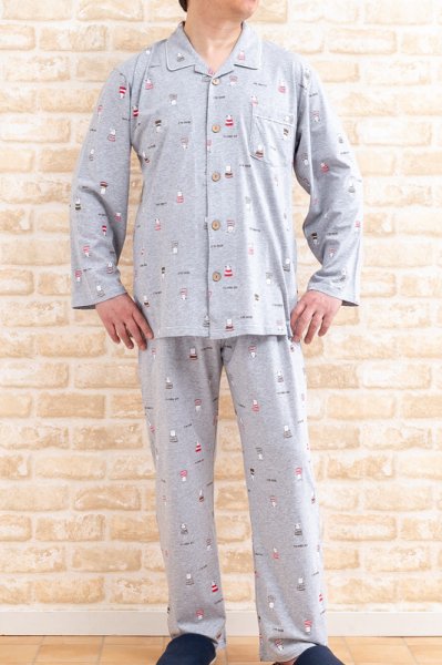 画像4: パジャマ メンズ ワンちゃん柄 長袖 春秋 前開き 肌に優しい綿100％滑らかな肌触りのやや薄いニット地 紳士ナイトウェア ルームウェア【LLサイズ】入院準備 父の日 (4)