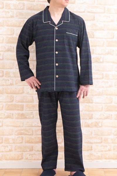 画像2: パジャマ メンズ　肌に優しい綿100%先染め楊柳カラーペンシルボーダー長袖　春夏向き　 (2)