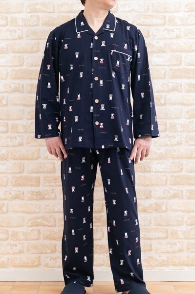 画像3: パジャマ メンズ ワンちゃん柄 長袖 春秋 前開き 肌に優しい綿100％滑らかな肌触りのやや薄いニット地 紳士ナイトウェア ルームウェア【LLサイズ】入院準備 父の日 (3)