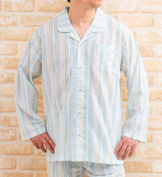 画像2: パジャマ メンズ 夏 長袖 前開き 肌に優しい綿100% サラッとして涼しいサッカー地【Sサイズ】【LLサイズ】【3Lサイズ】ナイトウェア ルームウェア 部屋着 父の日ギフト (2)