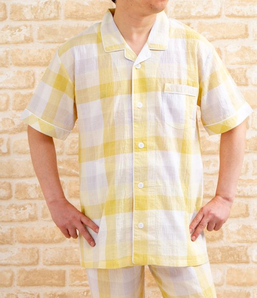 画像2: パジャマ メンズ 半袖 前開き 夏 綿100％肌に優しく軽くて涼しい素材チェック柄 ナイトウェア ルームウェア 父の日【LLサイズ】入院準備 (2)