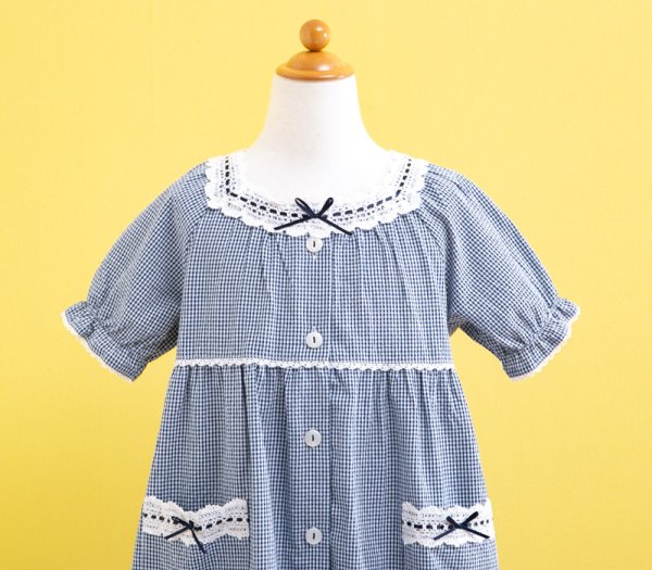 画像6: パジャマ キッズ 女児 ワンピース 前開き半袖 綿100％　サラッとして涼しい肌触りのリップルギンガムチェック地 夏 ネグリジェ ナイトウェア ルームウェア 部屋着 子供 (6)