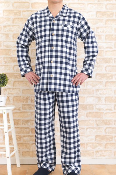 画像2: パジャマ メンズ 肌に優しい綿100%やや厚い先染めビエラ薄起毛地 春秋 長袖 【Sサイズ】【LLサイズ】あり 入院準備 ナイトウェア ルームウェア (2)