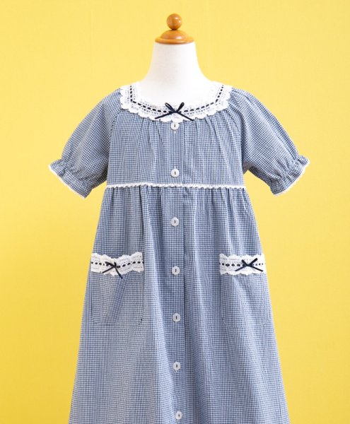 画像4: パジャマ キッズ 女児 ワンピース 前開き半袖 綿100％　サラッとして涼しい肌触りのリップルギンガムチェック地 夏 ネグリジェ ナイトウェア ルームウェア 部屋着 子供 (4)