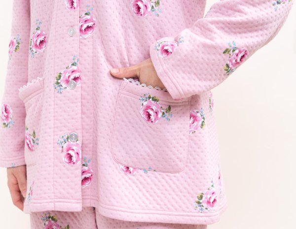 画像12: 綿100％肌にやさしく柔らかくて暖かい中わたニットキルト地バラ柄プリント パジャマ レディース 長袖 前開き 冬 S/M/L/LL/3L ナイトウェア ルームウェア 部屋着 入院準備 (12)