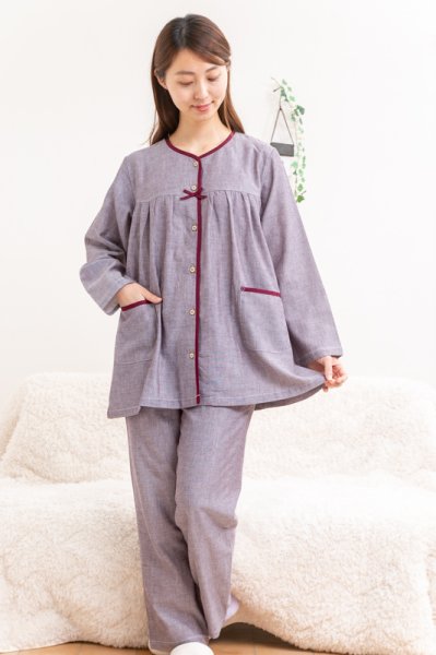 画像8: 肌にやさしい綿100％ダブルガーゼ地 パジャマ レディース 長袖 前開き S/M/L/LL/3L/4L 入院準備   春初秋向き　ナイトウェア　ルームウェア (8)