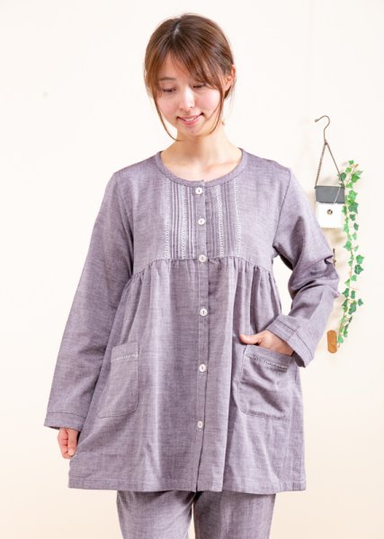 画像5: 肌にやさしい綿100％ダブルガーゼ地 パジャマ レディース 長袖 前開き S/M/L/LL/3L/4L 入院準備   春初秋向き　ナイトウェア　ルームウェア (5)