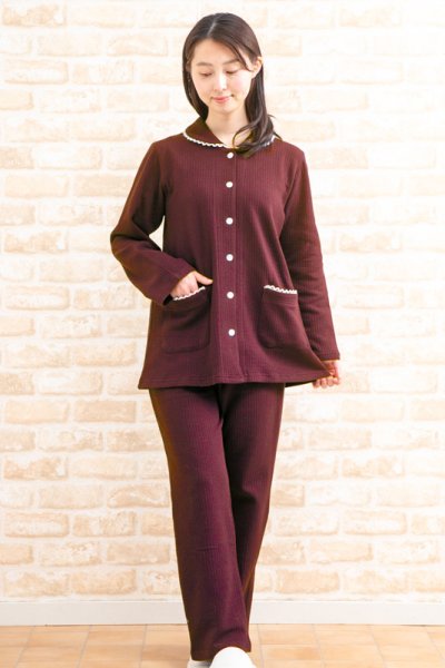 画像4: パジャマ レディース 長袖 前開き 冬 あたたかく肌にやさしい綿100％中わたニットキルト地 ナイトウェア ルームウェア 入院準備 S/M/L/LL/3L/4L (4)