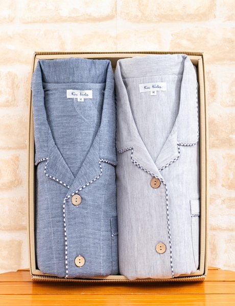 画像4: ダブルガーゼペアパジャマ　綿100％ダブルガーゼ無地ギンガムトリミング シャツパジャマ【長袖・長ズボン】【春夏秋向き素材】 (4)