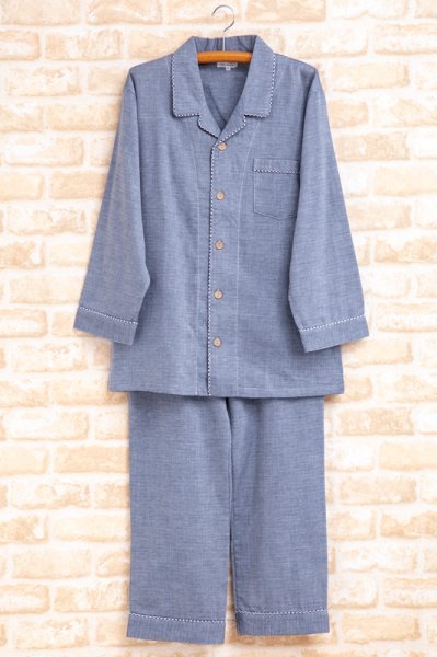 画像11: ダブルガーゼペアパジャマ　綿100％ダブルガーゼ無地ギンガムトリミング シャツパジャマ【長袖・長ズボン】【春夏秋向き素材】 (11)